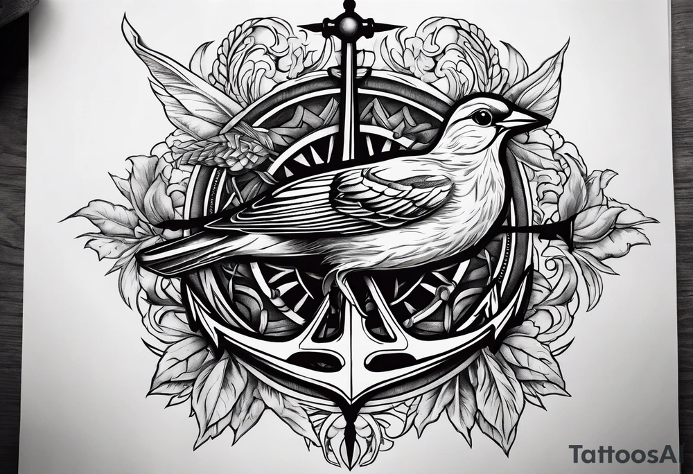 Anchor sparrow cross eye tattoo idea