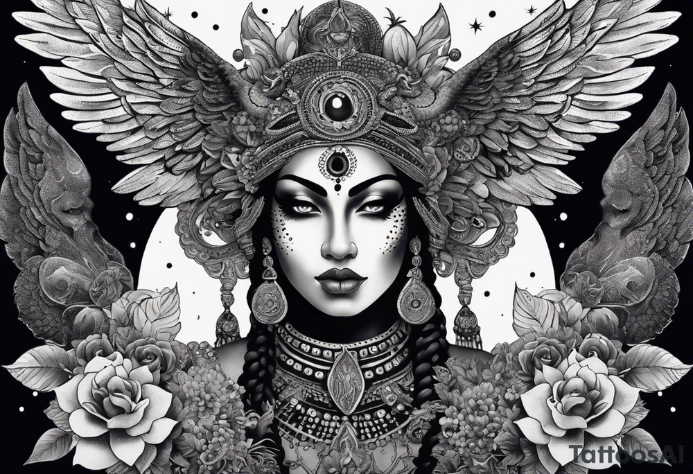 black kali, goddess pirate, alien, angel, pachamama, valkrye, warrior, flying, skull, lotus azul, wing, eagle, zenza resonance, stars, 5D, anahata chakra, death, durga, riding on a tiger, flying lady, kundalini, chest tatoo, samuri, rebel, serpent tattoo idea