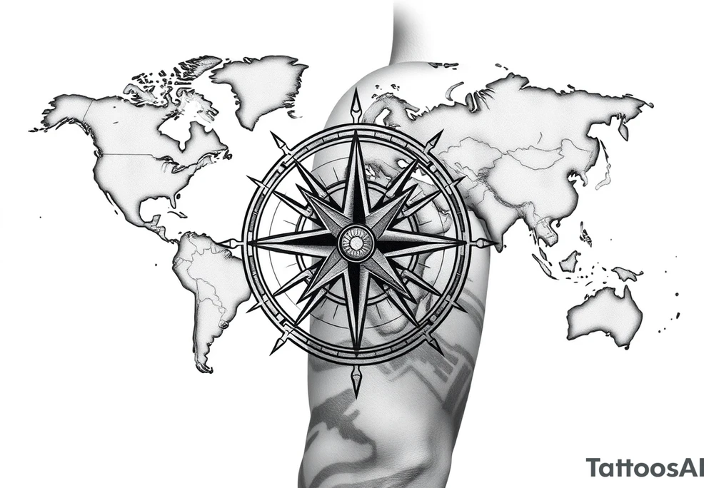 antique compass rose overlaid on weathered world map with sailing ships tattoo idea