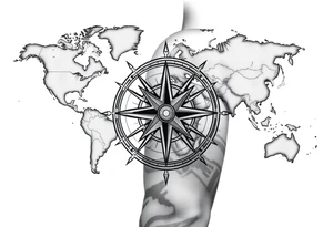 antique compass rose overlaid on weathered world map with sailing ships tattoo idea
