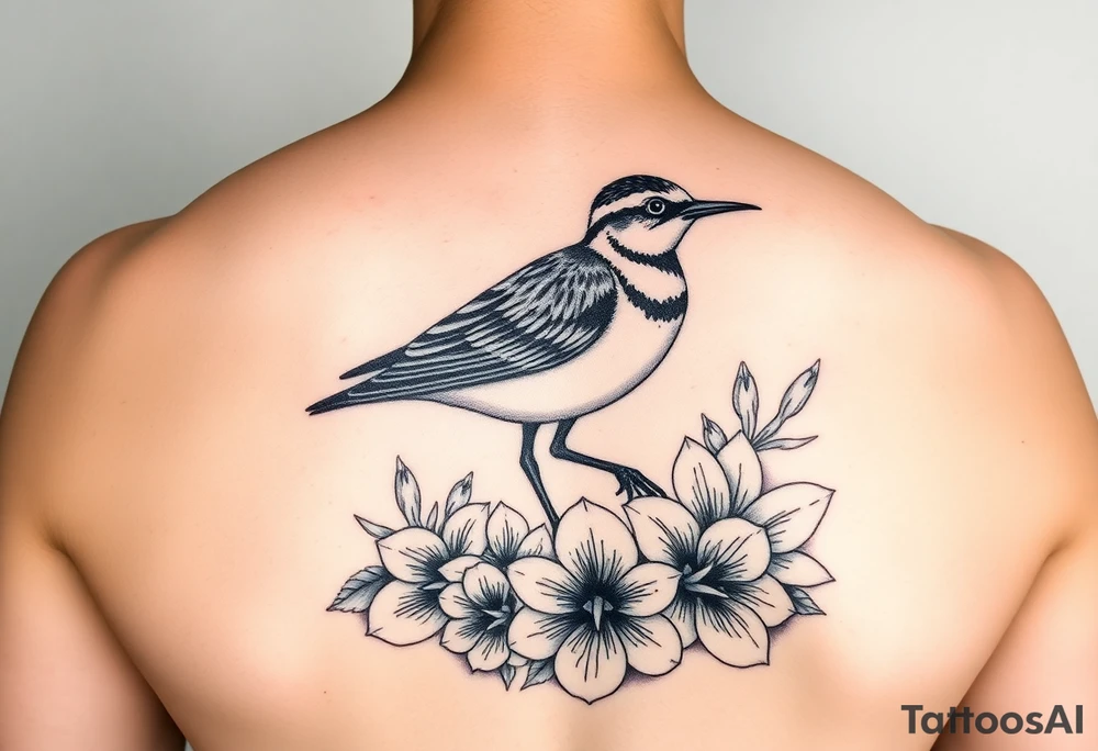 Female pacific golden plover bird in hawaii tattoo with heliconia flowers, crown flower lei, puakenikeni lei, bird of paradise flowers, beehive ginger, shampoo ginger, red tahitian ginger tattoo idea