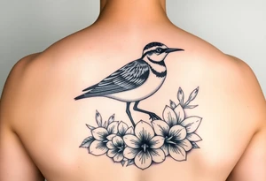 Female pacific golden plover bird in hawaii tattoo with heliconia flowers, crown flower lei, puakenikeni lei, bird of paradise flowers, beehive ginger, shampoo ginger, red tahitian ginger tattoo idea