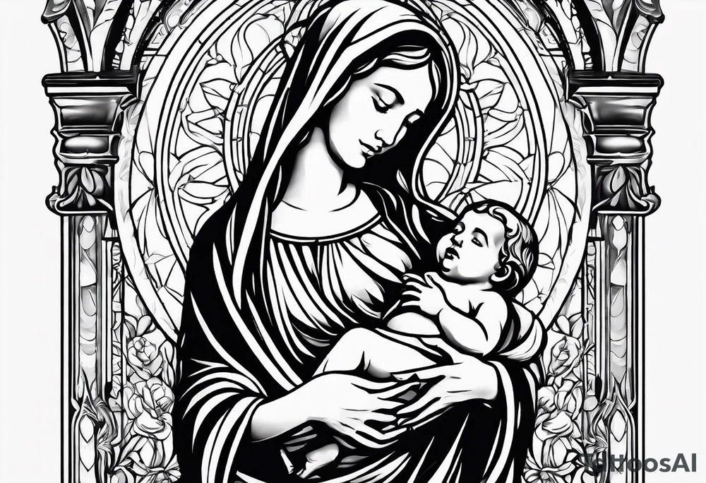 Mary holding baby Jesus in her arms crying tattoo idea