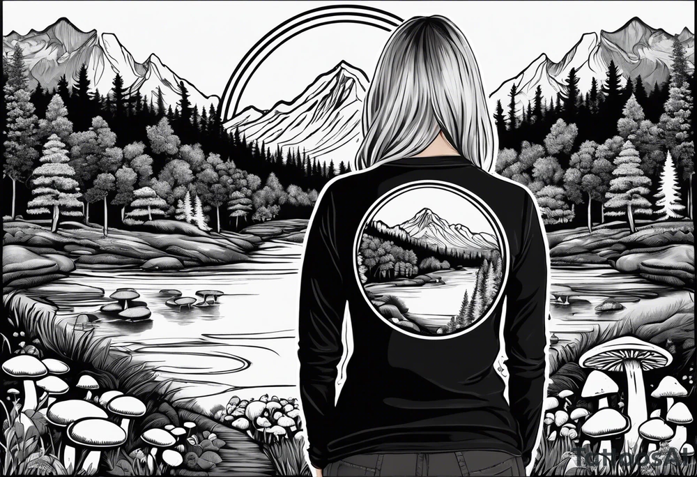 Whole picture encircled fully

Straight long blonde hair hippie girl in distance holding mushrooms in hand facing away toward mountains and creek surrounded by mushrooms long sleeve shirt and hiking pants; whole rendering within a full circle, no cut off circle tattoo idea