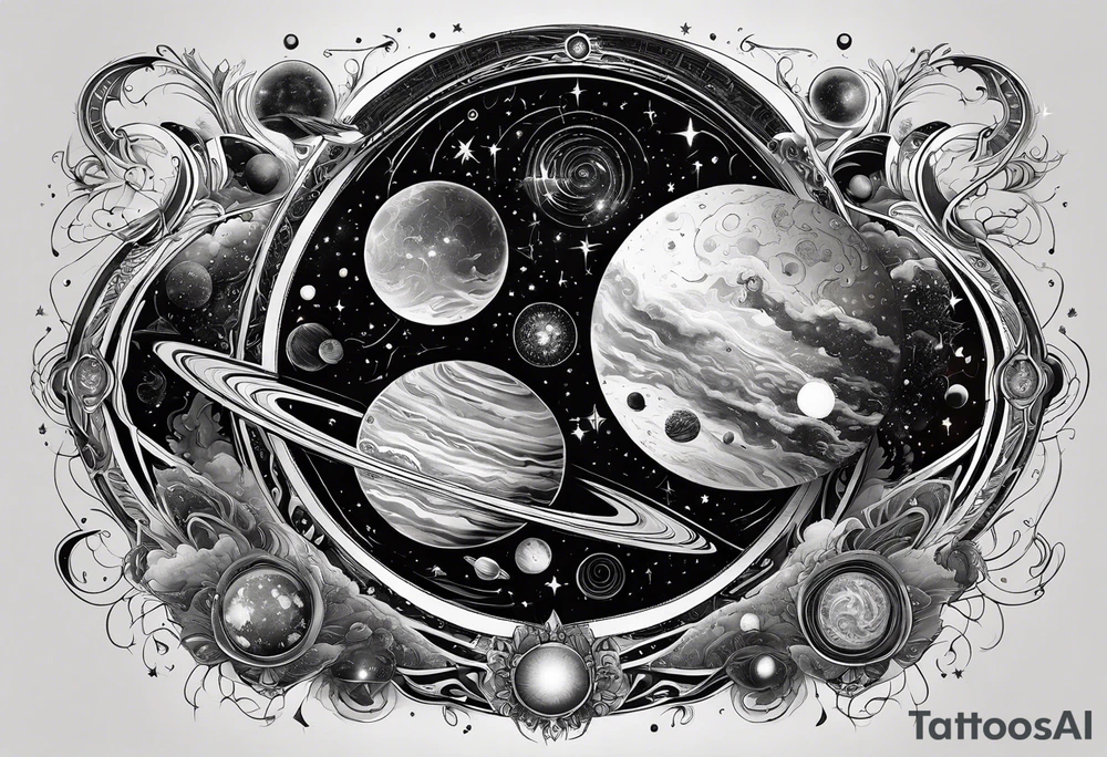 A tattoo featuring a cosmic scene with planets, black holes, and supernovae intertwined with intricate linguistic symbols, reflecting the client's interests in cosmology and linguistics. tattoo idea