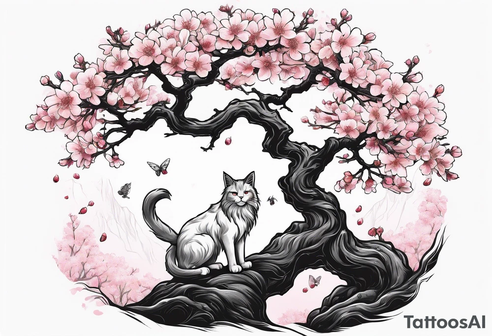 elongated cherry blossom branch meeting with a dying pine tree with hidden cute demon cat tattoo idea