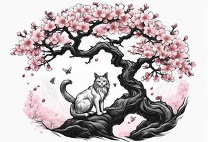 elongated cherry blossom branch meeting with a dying pine tree with hidden cute demon cat tattoo idea