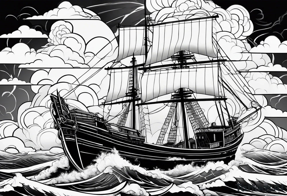 Art deco style Japanese junk boat on the sea with storm clouds and lightning tattoo idea