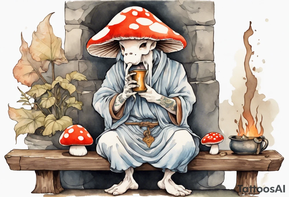 a mushroom-creature wearing a  medieval tunic sitting on a bench by a fireplace drinking from a wood cup, happy tattoo idea