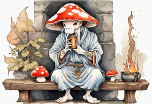 a mushroom-creature wearing a  medieval tunic sitting on a bench by a fireplace drinking from a wood cup, happy tattoo idea