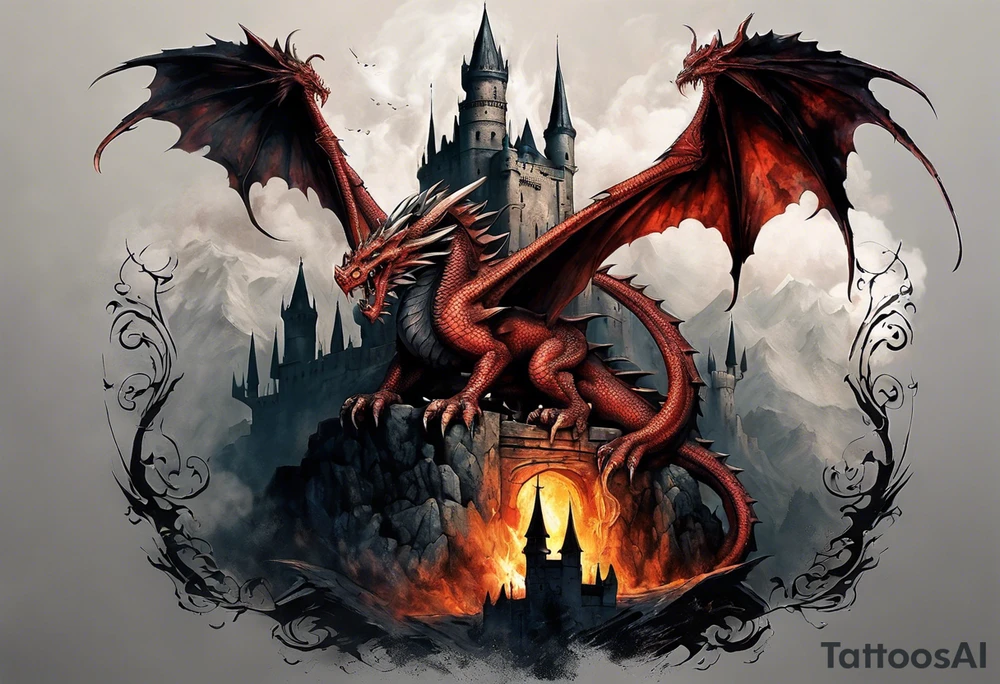 In this striking tattoo concept, three fierce and realistic dragons with distinct characteristics fiercely patrol the highest spires of an ancient castle, guarding it against an irate village of angry villagers wielding torches and makeshift weapons. The castle, adorned with Gothic-inspired architecture, stands as a testament to time and history, with the dragons' intricate scales and wings, ranging from fiery crimson to glacial blue and rugged stone-like textures, rendered in meticulous detail. The contrasting emotions of fury, determination, and desperation are vividly portrayed in the villagers' expressions. This hyper-realistic composition blends medieval fantasy, mythology, and human emotion, promising to be a mesmerizing and awe-inspiring masterpiece etched into your skin tattoo idea
