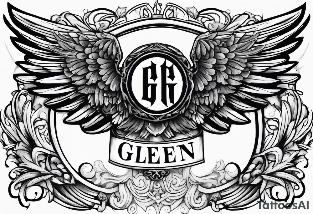 The word Glenn on a banner with angel Wings tattoo idea