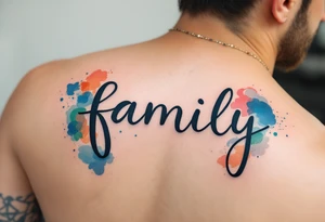Family Watercolor Portrait Tattoo – The word "family" in bold black lettering, surrounded by abstract watercolor portraits of family members in shades of blue, green, and red. tattoo idea