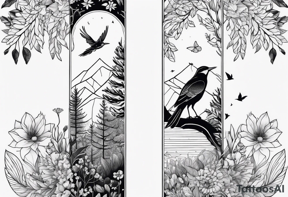 Create a simple yet beautiful forearm tattoo of a forest scene with symmetrical flora and fauna, including stylized birds and wildflowers.” tattoo idea