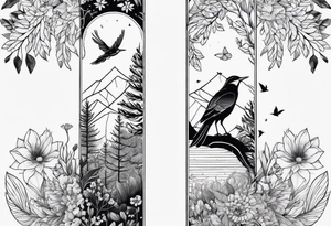 Create a simple yet beautiful forearm tattoo of a forest scene with symmetrical flora and fauna, including stylized birds and wildflowers.” tattoo idea