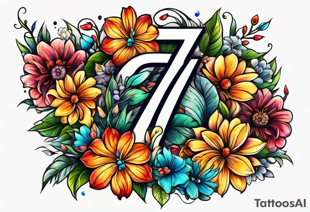 The number seven surrounded by colorful flowers tattoo idea