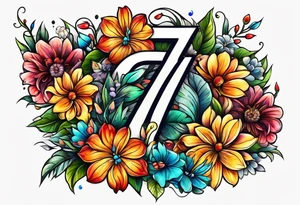The number seven surrounded by colorful flowers tattoo idea