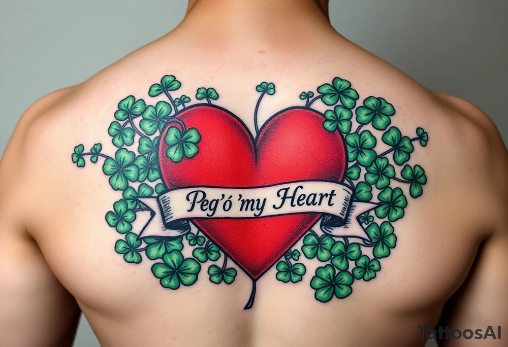 A ton of green shamrocks with a big red heart with a banner across the heart that says Peg 'o My Heart tattoo idea