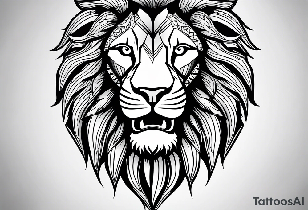 A full tattoo sleeve designed with a strong, masculine aesthetic, featuring a powerful lion as the centerpiece. The lion, symbolizing strength, courage, and leadership, is depicted with intricate detail and dynamic shading, capturing its fierce expression and majestic mane. Surrounding the lion, incorporate geometric patterns that add structure and contrast to the design. These patterns are bold and angular, creating a sense of order and symmetry that complements the natural form of the lion. The geometric elements are woven around the lion, emphasizing its central position while providing a modern, edgy backdrop. The shading throughout the sleeve is deep and dramatic, enhancing the contrast between the organic features of the lion and the precise lines of the geometric patterns. The overall design is bold, intense, and visually striking, combining the raw power of the lion with the clean, ordered aesthetic of geometric patterns for a cohesive and masculine tattoo sleeve. tattoo idea