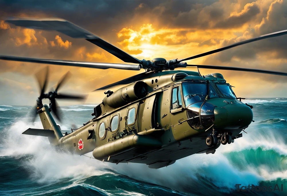 A cinematic-style tattoo depicting a Canadian military CH-148 Cyclone helicopter performing a daring maneuver over a turbulent ocean. The sky should be filled with dramatic clouds, and the sun should be setting, casting long shadows. The helicopter should be the main focus, with intricate details and a sense of motion. In the background, a poppy should be prominently displayed, and a quote from 'Lest We Forget' should be included, black and white tattoo idea