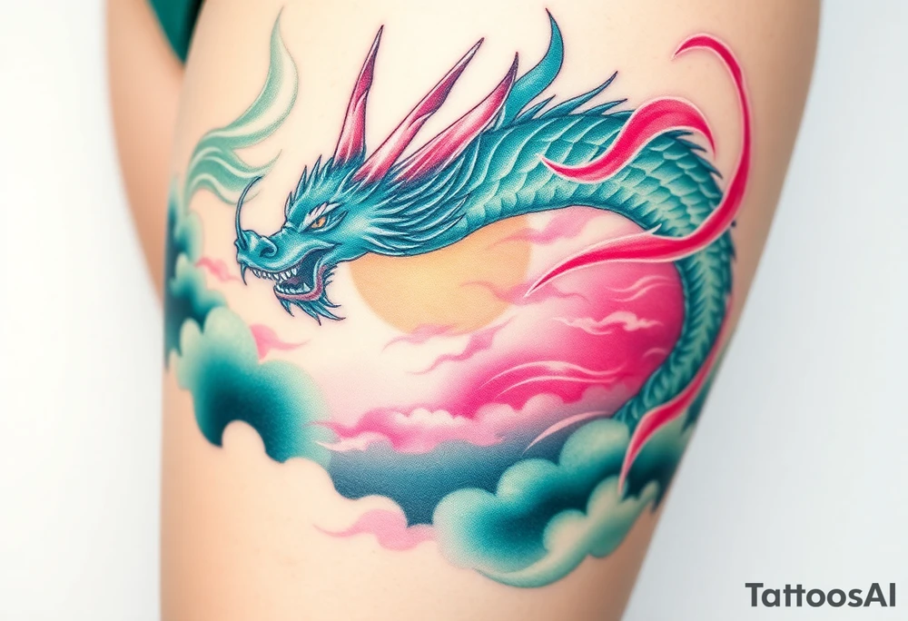 fierce dragon breathing iridescent fire against stormy skies green teal pink tattoo idea