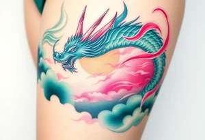 fierce dragon breathing iridescent fire against stormy skies green teal pink tattoo idea