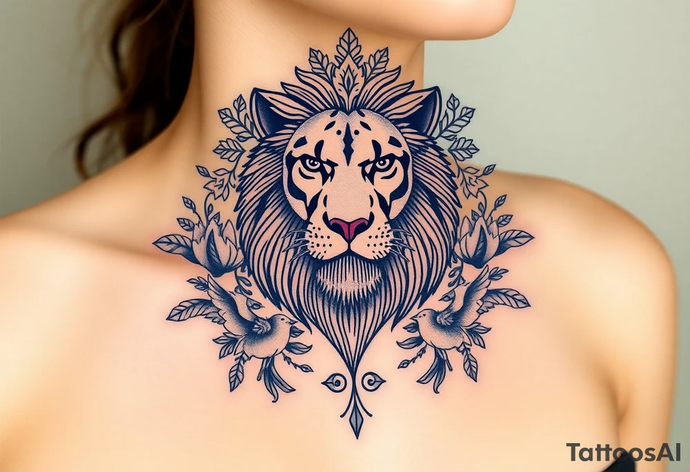 powerful majestic lion with a crown, surrounded by floral ornaments and birds tattoo idea