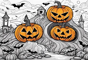 evil jack-o-lanterns on human heads with bats in caves and penny wise in the background cemetary payground tattoo idea