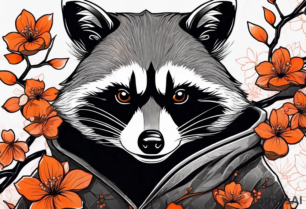 Raccoon wearing a white Superman logo on a black hoodie and orange Japanese cherry blossoms beside tattoo idea