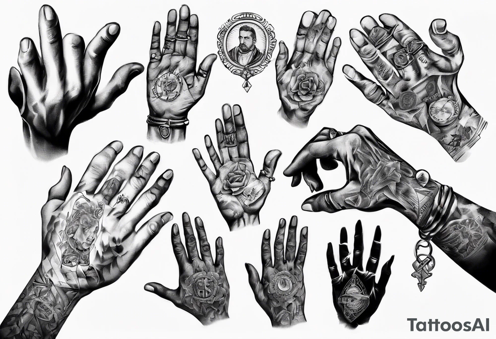 Hands of a praying man with money and rings tattoo idea