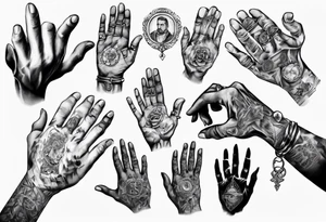 Hands of a praying man with money and rings tattoo idea