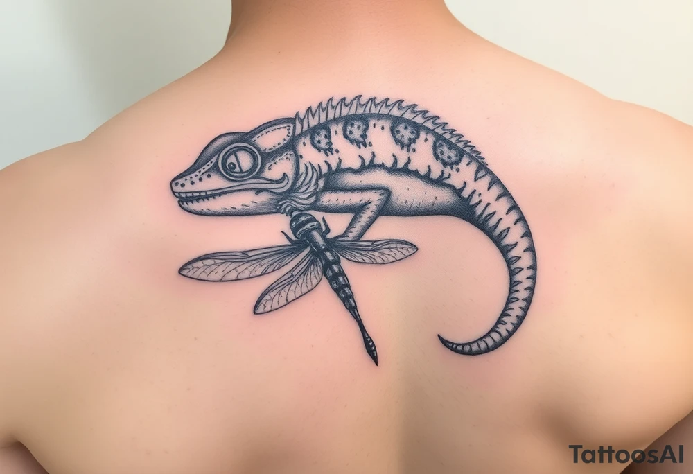 Hyper realistic chameleon eating a dragonfly tattoo idea