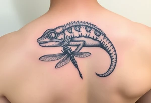 Hyper realistic chameleon eating a dragonfly tattoo idea
