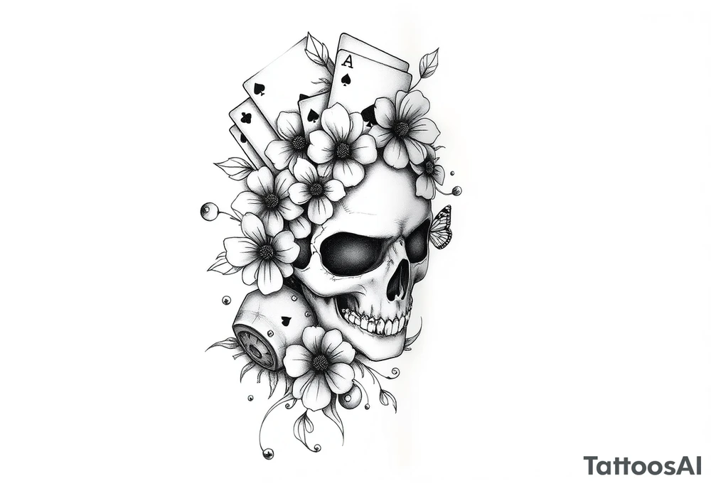 Casino only theme , poker chips deck of cards dice a skull with flowers with raindrop swirls and butterfly’s tattoo idea