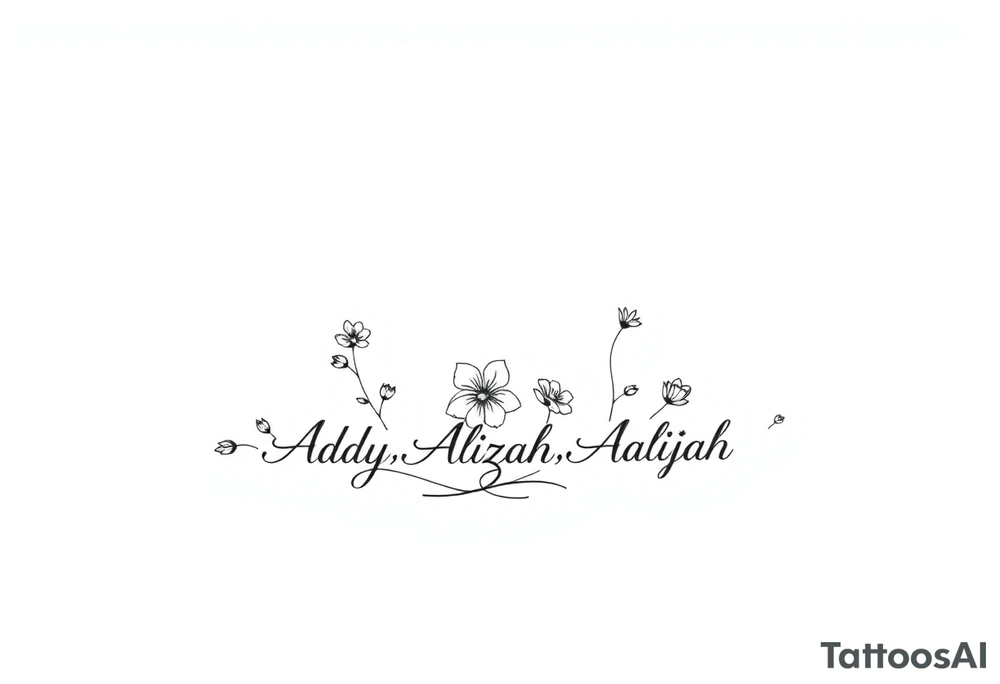 mother of 3 girls flowers stem curves name of Addy, Alizah, Aaliyah tattoo idea