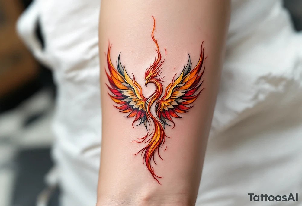 Phoenix Rising Flames – Elegant gold, orange, and scarlet flames forming the wings of a majestic phoenix, symbolizing rebirth and transformation. tattoo idea