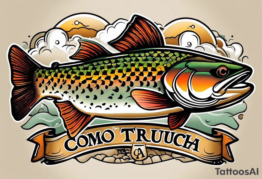 A small tattoo with a shaded trout and text that says, 'Como la trucha...' drawn with fine lines." tattoo idea