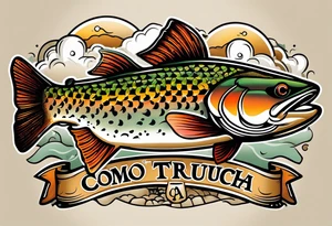 A small tattoo with a shaded trout and text that says, 'Como la trucha...' drawn with fine lines." tattoo idea
