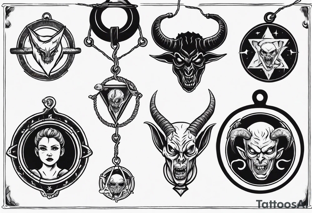woman hand holding satan medallion on a rope tattoo idea