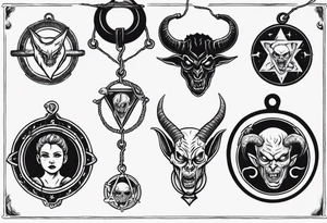 woman hand holding satan medallion on a rope tattoo idea