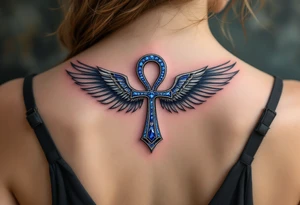 A sapphire-encrusted Ankh with silver wings, symbolizing spiritual ascension and divine wisdom. tattoo idea