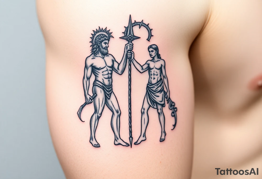 dionysos and apollo standing opposed to each other tattoo idea