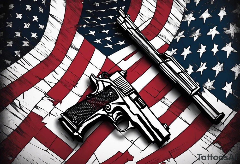 Distressed American flag behind cross with 2 guns leaned on it simple tattoo idea