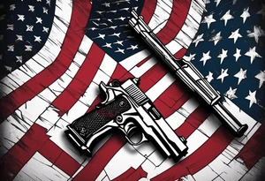 Distressed American flag behind cross with 2 guns leaned on it simple tattoo idea
