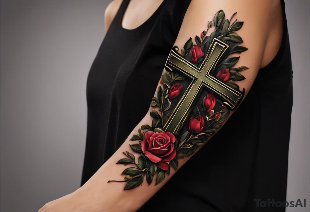 this ins meant to be a collage style that will cover the forearm from the wrist to elbow. Give me an olive branch on wirst at bottom shaped like a manura lamp. A cross above that with smallers olive and rose branches and roses arount it with a crown above the cross on bothe sides small hebrew letters that say king of glory and the other says yeshua messiah in hebrew . Not too many roses. Only black and white tattoo idea