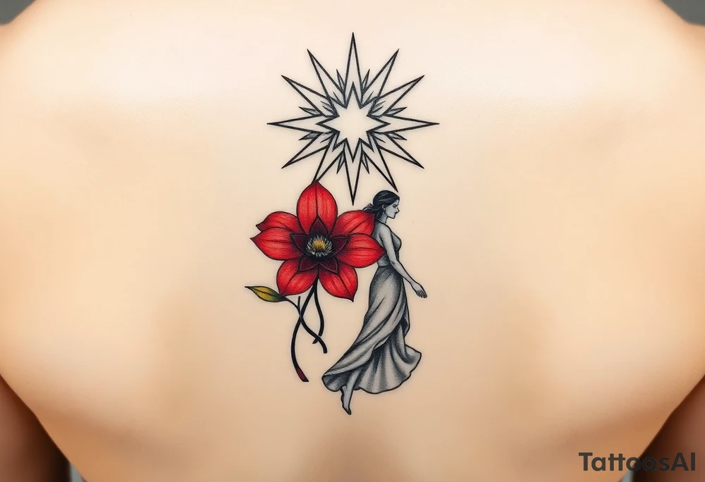 A highly artistic tattoo design with a central focus on a radiant star, symbolizing guidance and empowerment. Below the star, a deep crimson arghaman flower (scarlet flower) blooms gracefully, representing beauty and resilience. To the side, a free-spirited woman walks barefoot, embodying feminine strength and absolute freedom. The composition should evoke a sense of empowerment and liberation, with flowing lines and a dreamy, poetic atmosphere. The style should be artistic rather than hyper-realistic, with fine details, elegant line work, and a slightly abstract touch. The overall aesthetic should feel timeless, expressive, and deeply meaningful, capturing the essence of feminine power and freedom.
Make it small, black and white, the objects are tied together tattoo idea