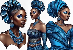 mulher iemanjá africana em preto e cinza com conchas marinhas, fundo da imagem com tons de azul tattoo idea