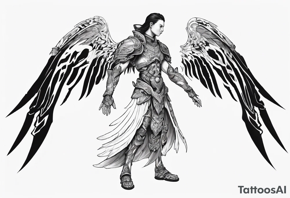 Side view of an angel wearing inorganic armor that is in mid-air ready to attack tattoo idea