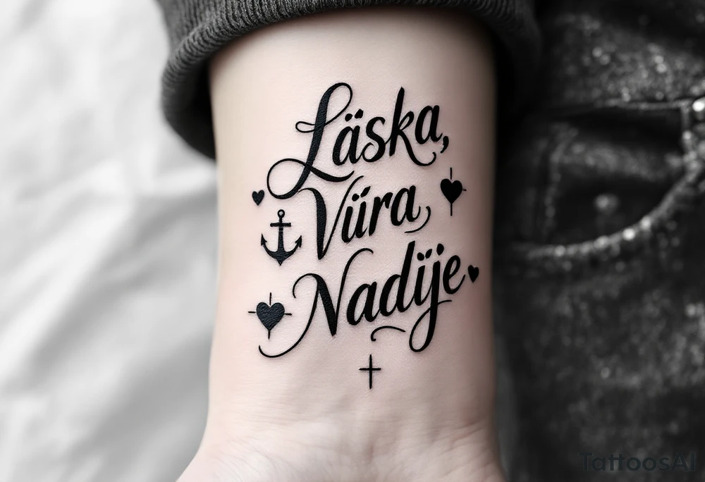 Bold typewriter-style "Láska, Víra, Naděje" in deep charcoal, with a faint heart, cross, and anchor drawn behind each word. tattoo idea