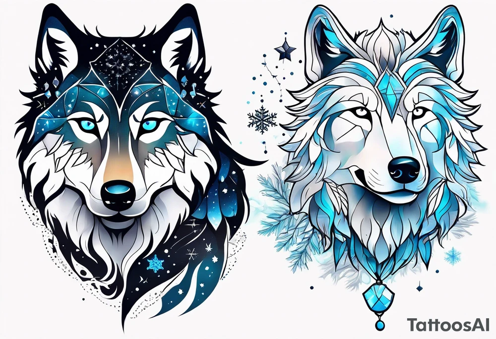 Constellation, two animal wolf, snowflake tattoo idea